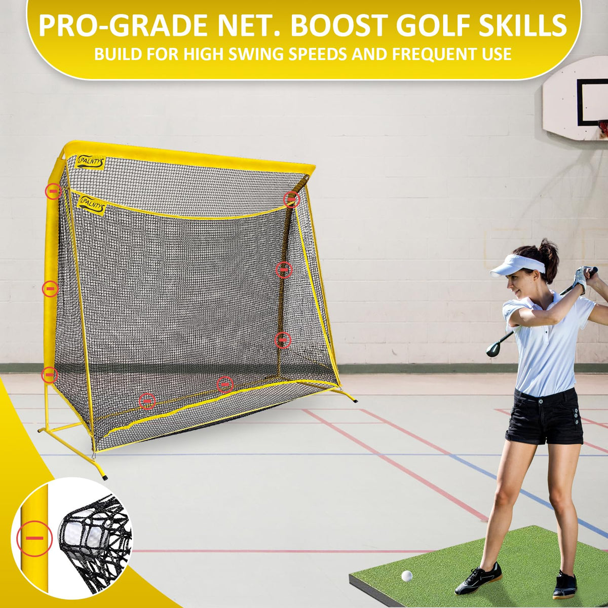 Golf Hitting Net with Extra Striking Net, 10x7ft Heavy Duty Golf Practice Net for Golfer Backyard Driving Swing, Golf Impact Net Cage Metal Frame with Storage Bag and Elevated Base, Indoor Outdoor Use