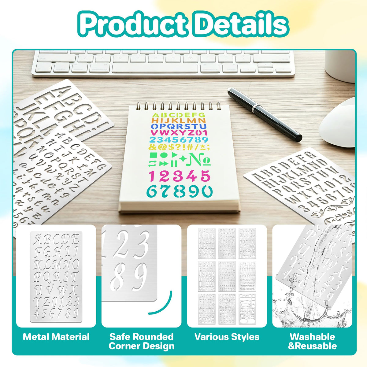 9Pcs Metal Letter Number Stencils,7×4 Inch Reusable Alphabet Symbol Stencil,Small Engraving Wood Burning Template for Wood Wall Painting,DIY Crafts,Journaling,Scrapbooking&Art Projects School Supplies