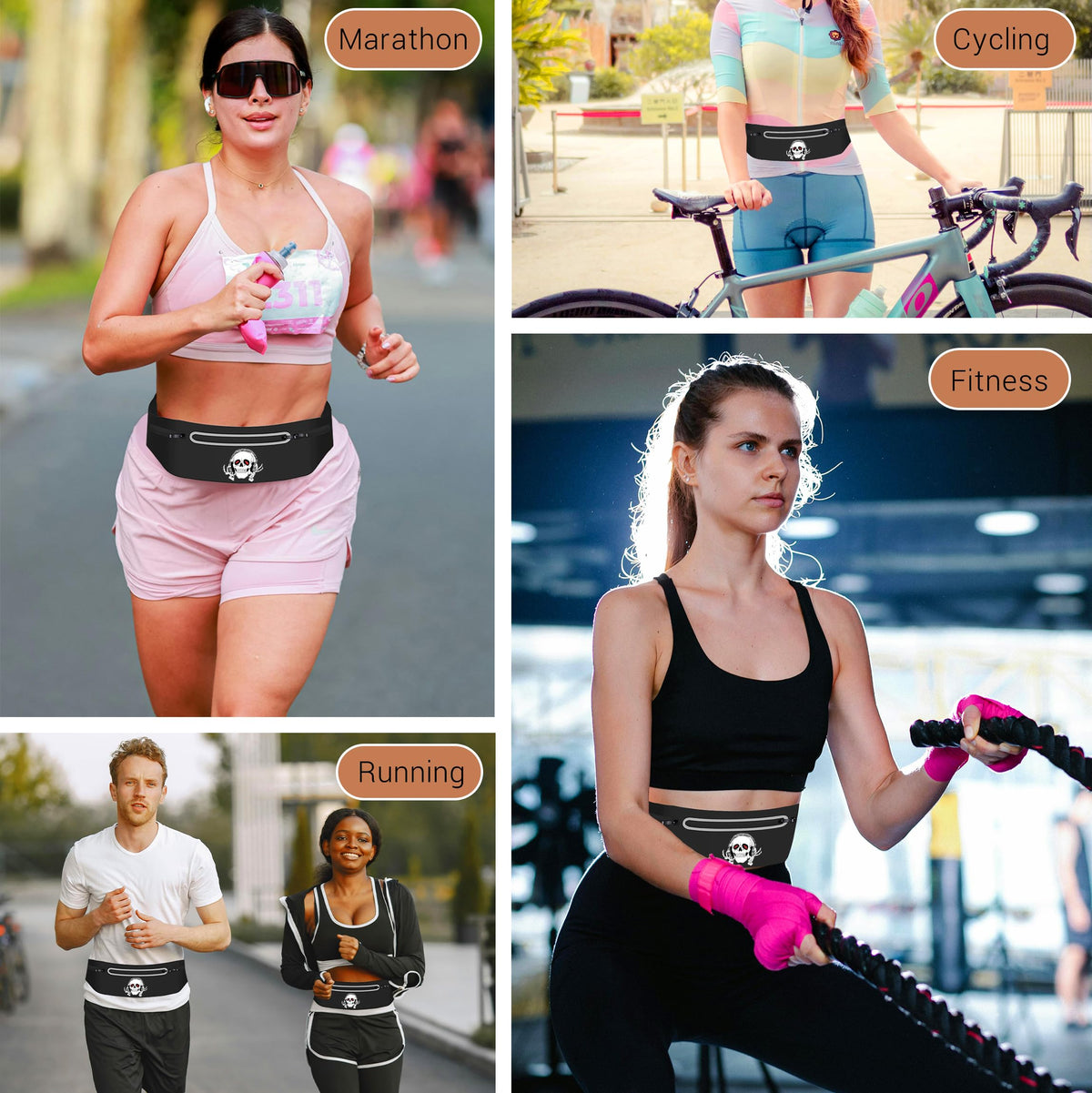 Music Skull Running Belts for Women and Men,Runner Waist fanny pack Wallet Holder,Waterproof Reflective phone holder,Cool Rock Skeleton Fitness Belt with 3 Zipper Pockets,Marathon Cycling Gear Gift