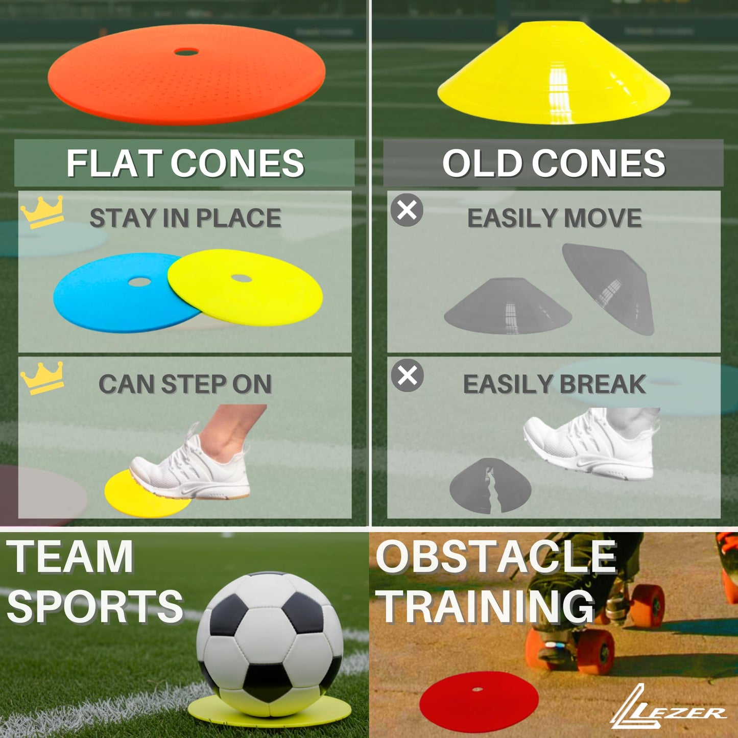 LEZER 6 Inch Flat Cones, Spot Markers, Soccer Cones, Field Court Markers, Sit Spots, Flat Discs, Soccer Training Equipment, Agility Practice, Football, Made in Taiwan, Set of 48