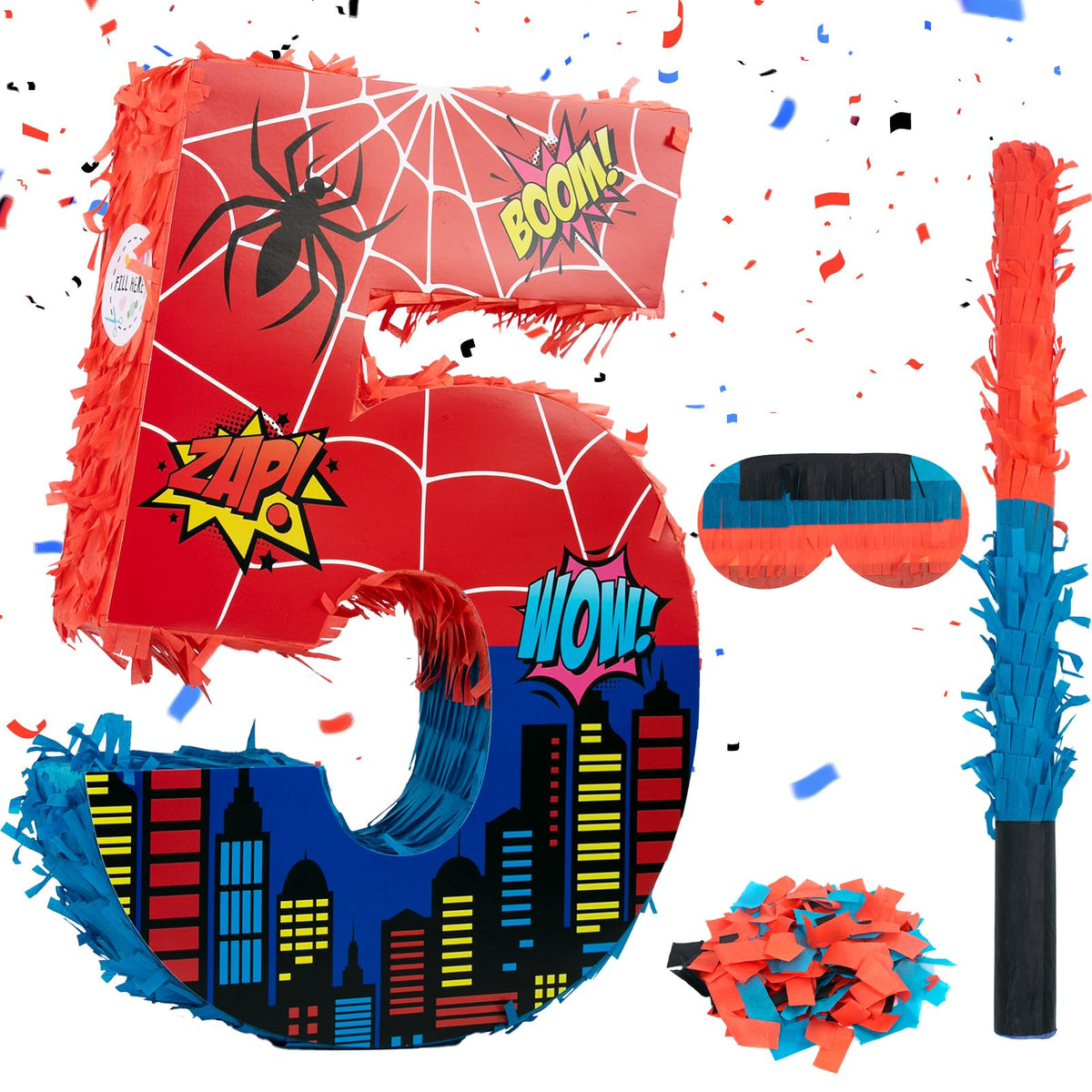 Number 5 Spider Pinata Bundle with 16 Inch Piñata Stick Blindfold Confetti for Hero Birthday Party Decoration Anniversary Celebration Gift Spider Party Favors for Kids, 16 x 11.6 x 2.4 Inch
