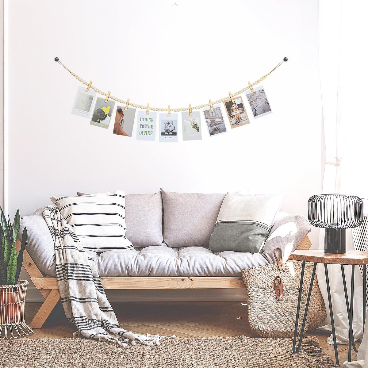 KLOGTSIND Hanging Photo Display Wall Decor, 2PCS Boho Wooden Bead Garland Collage Picture Frame with 9 Wood Clips for Bedroom, Living Room, Office, Dorm Decor, Photos Holder Teen Girl Gifts