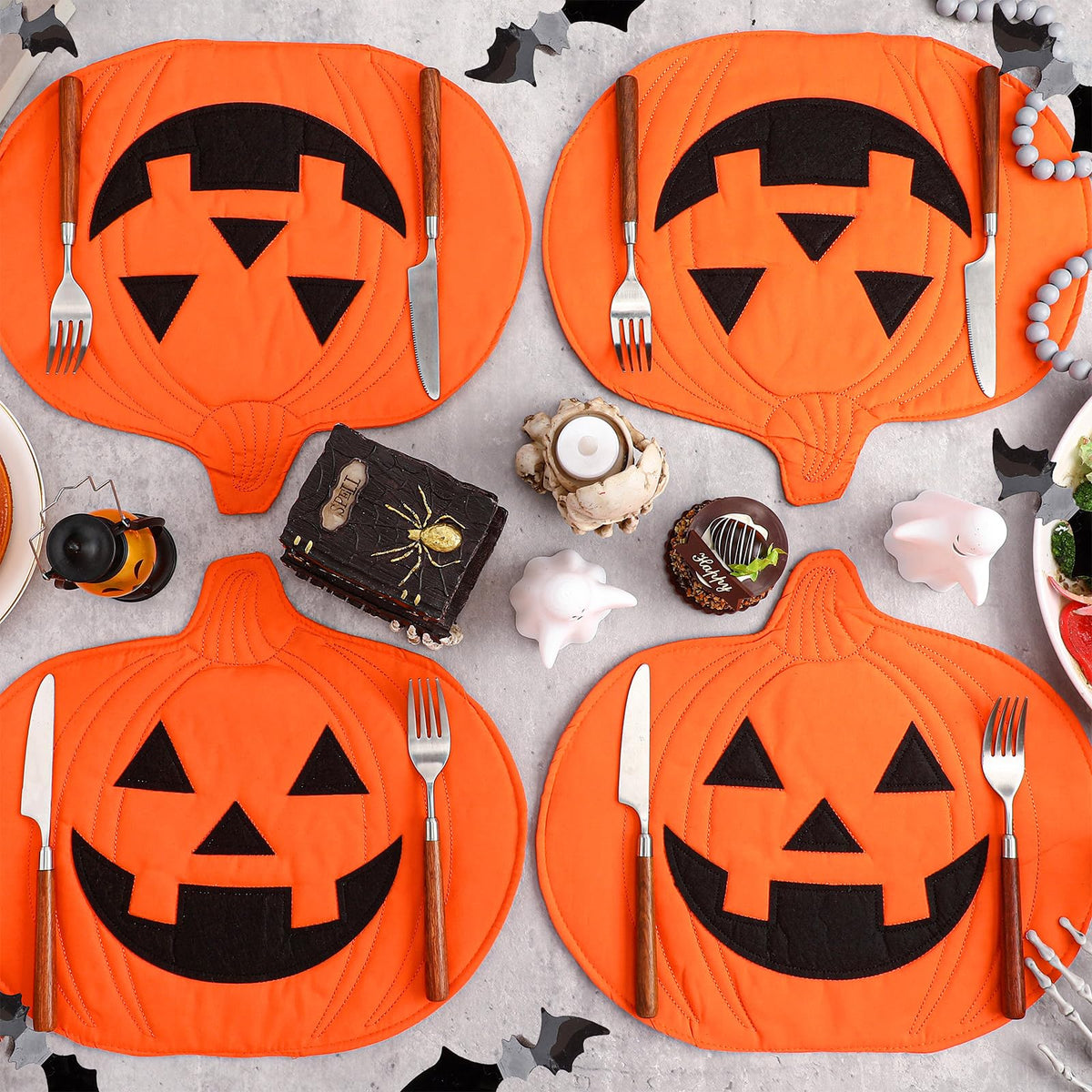 Widecook 4 Pcs Halloween Pumpkin Placemat Jack O Pumpkin Shaped Table Mats 13" x 14" Fall Autumn Harvest Table Decoration for Thanksgiving Holiday Festival Kitchen Dinner Tabletop Party Decor(Smile)