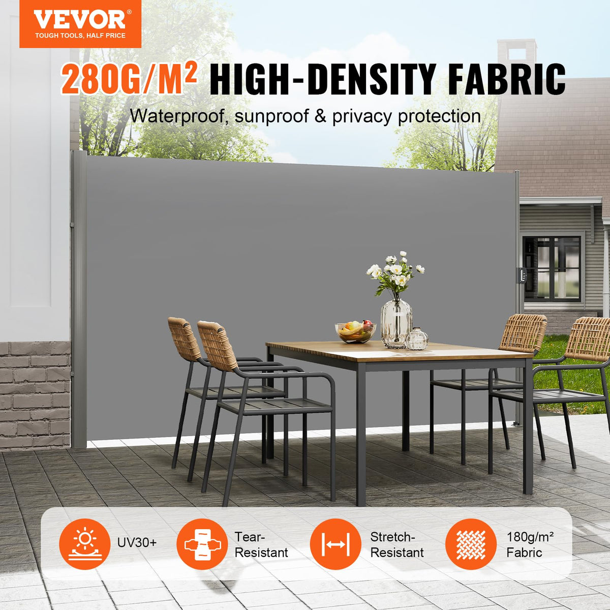 VEVOR Retractable Side Awning, UV 50 71''x118'' Full Aluminum Rust-Proof Outdoor Privacy Screen, 280 g Thicken Folding Room Divider Fence & Wind Screen for Backyard, Balcony, Roof Terraces, Grey