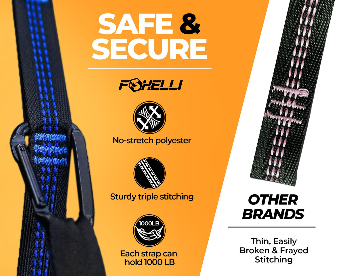 Foxelli XL Hammock Straps - Extra Long 20FT Heavy Duty No-Stretch Suspension System, 40+2 Loops, 2000 LBS Capacity, for Indoor/Outdoor Use – Set of 2 Straps & Carry Bag