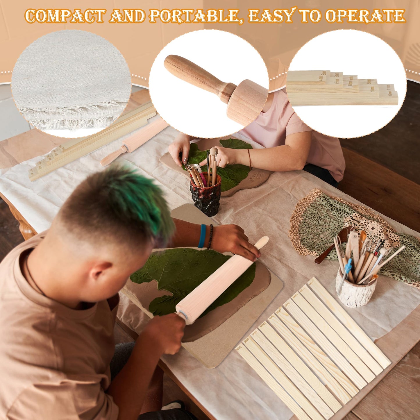 22 Pcs Pottery Tools Set with Clay 10 Size Rolling Pin Guides Wood Rolling Pin Linen Tablecloth for Ceramic Clay Making