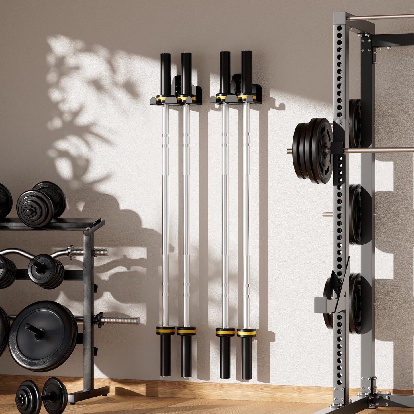 JNIHEEP Barbell Wall Holder,Olympic Hanger,Garage Gym Bar Wall Rack with 2 Bar Holders,Vertical Barbell Mount Rack,Space Saving Commercial or Home Gym Accessory,Holds Under 33mm Bar Size(Black)