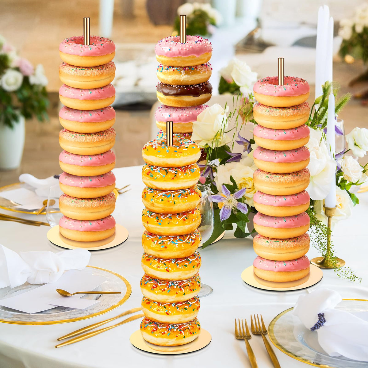 Otoolling 2 Pcs Metal Donut Display Stand Tower Bagel Holder Cake Stand Dessert Table Doughnut Holder Display Tower for Birthday Wedding Party and Donut Themed Party Decorations (Gold)