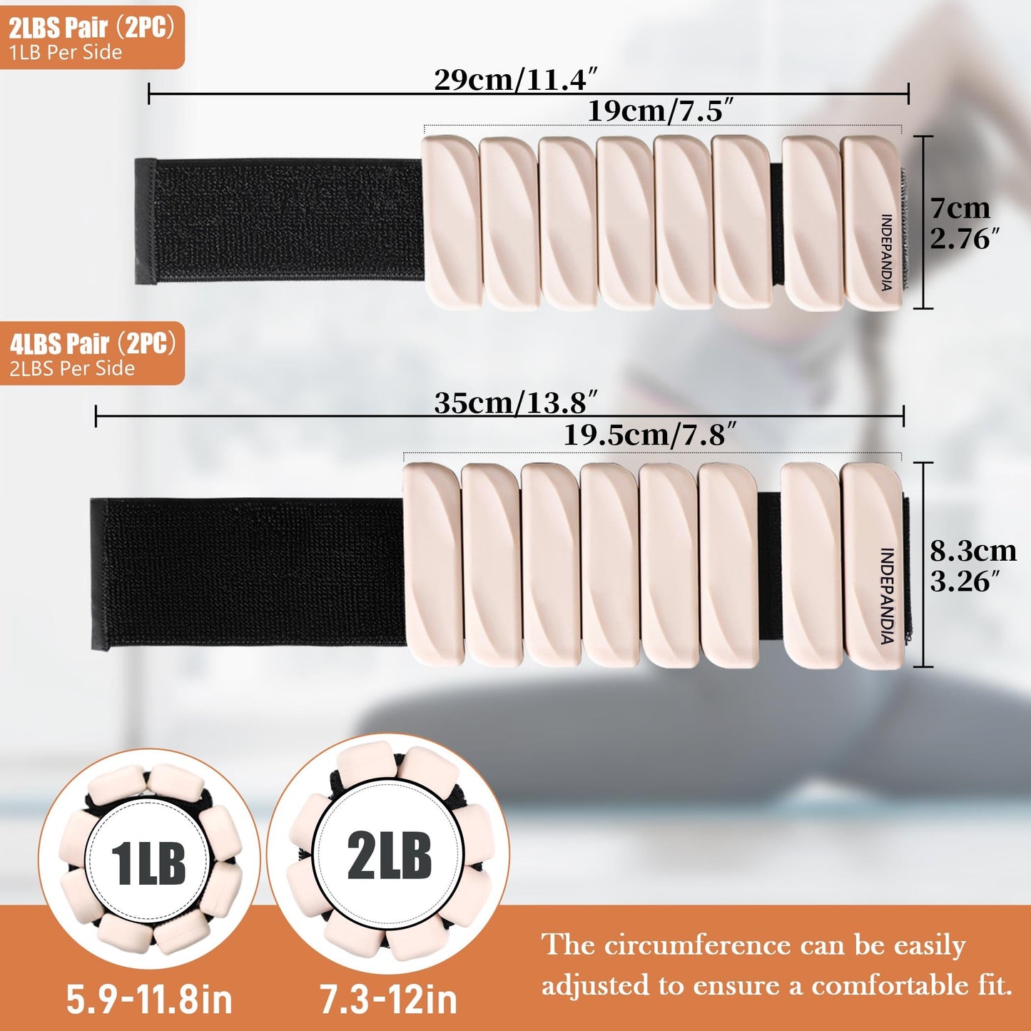 INDEPANDIA Wrist & Ankle Weights for Women and Men, 2lbs Pair Adjustable Silicone Weighted Bangles for Arm & Leg Workouts, Perfect for Pilates, Yoga, Walking & Home Fitness Training Blush Beige