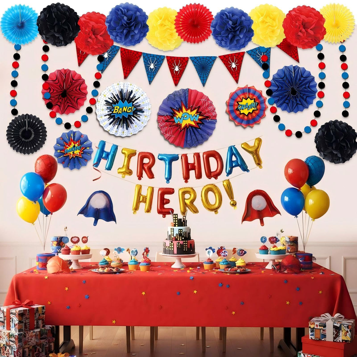 Blosssound 26 Pieces Spider Birthday Party Decorations - Paper Fans, Pompom Paper Flowers, Pre-Strung Pennant Banner, Dots Garland, Cards Set for Spider Web Super Themed Party Decor Supplies