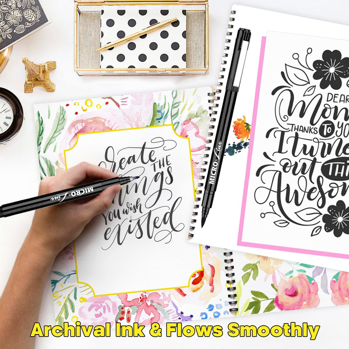 Dyvicl Hand Lettering Pens, Calligraphy Brush Pens Art Markers for Beginners Writing, Sketching, Drawing, Illustration, Scrapbooking, Journaling, Black Ink Pen Set, 8 Sizes