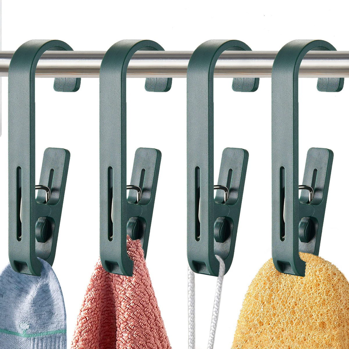 XoYoZo Laundry Hooks with Clips Hanger Closet Organizer Clamps Socks Boot Bras Towels for Bathroom Wardrobe Kitchen Office 4Pcs (Green)