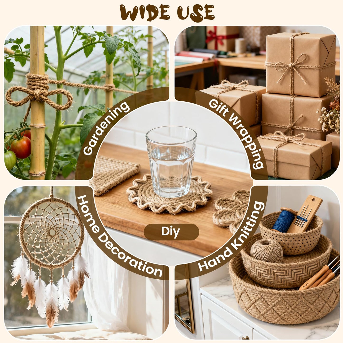 Natural Jute Twine 5mm x 656ft, 4Ply Twisted Heavy Duty Rope Roll for Gardening, Crafting, Bundling, Cat Scratching Post, Home Decor, Christmas Decorations