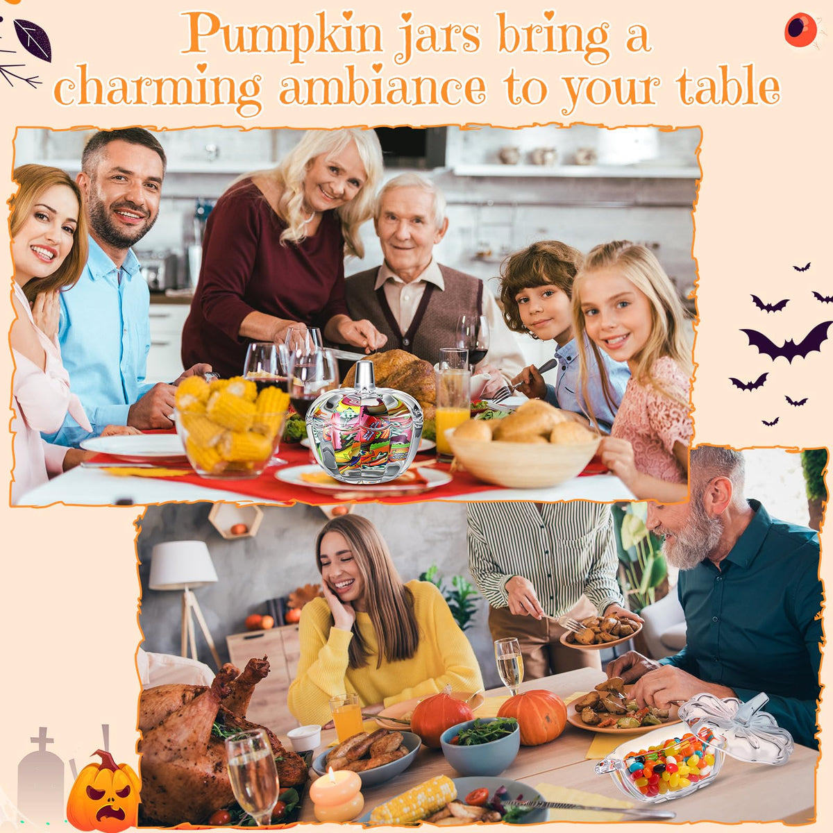 Mimorou 3 Pcs Glass Pumpkin Candy Jar Thanksgiving Clear Candy Bowl Storage with Lids 3 Sizes Fall Cute Snack Crystal Jars for Home Decoration Thanksgiving Centerpieces Wedding Party