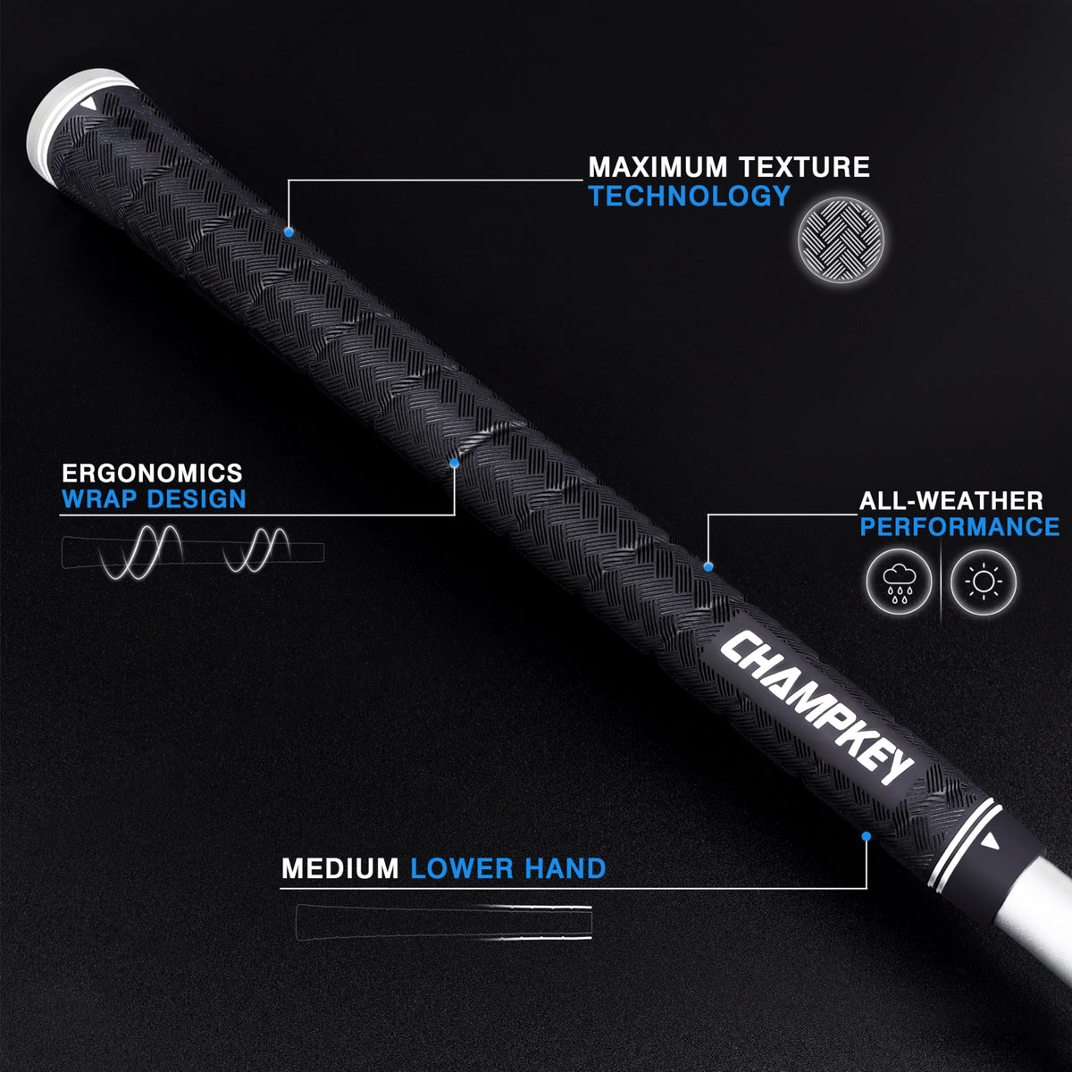 CHAMPKEY X-WEAVE Rubber Golf Grips 13 Pack with Full Repair Kits - Medium Lower Hand Golf Club Grips - Enhanced Grip and Traction Golf Grips for Men and Women(Black,Midsize)
