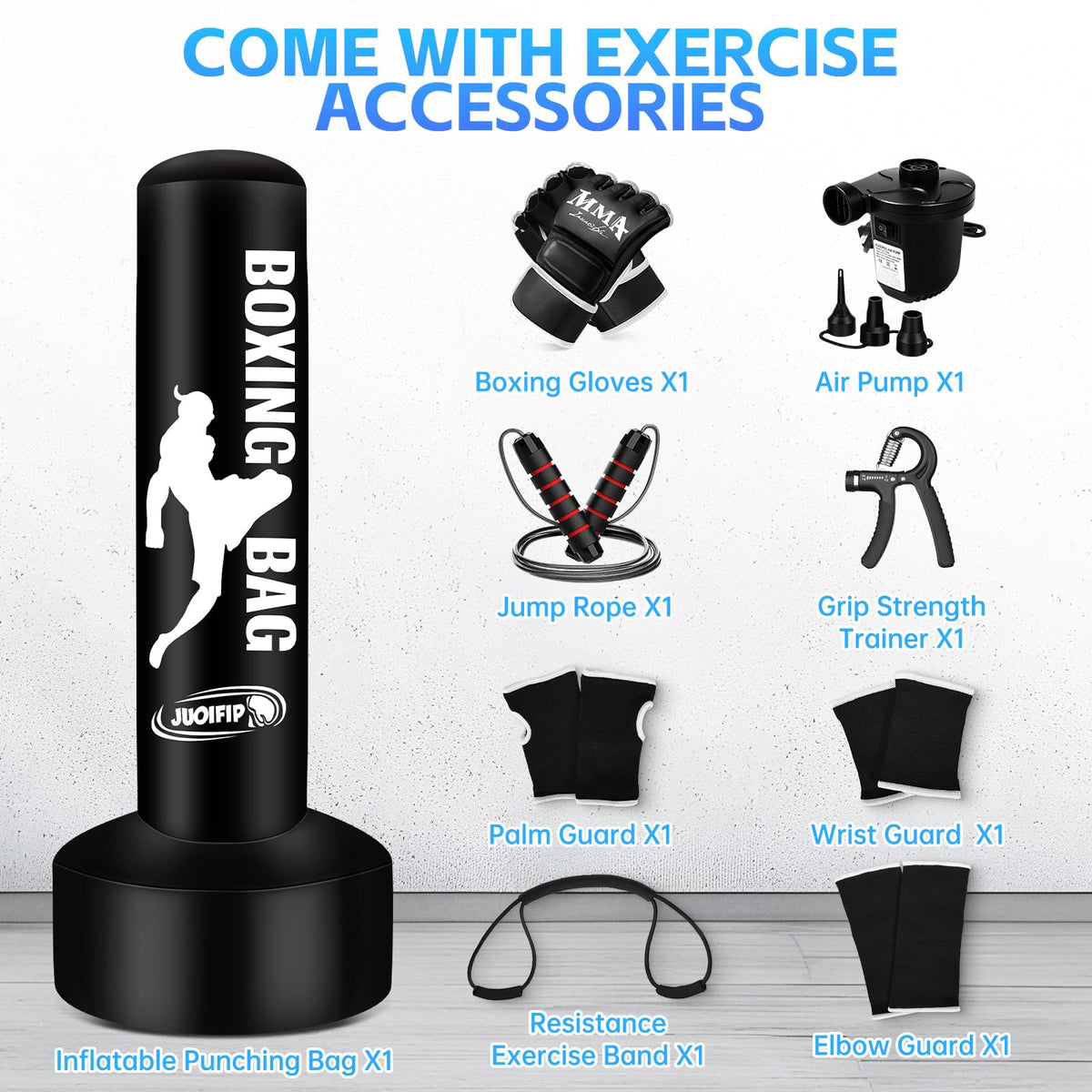 Standing Punching Bag for Adults, Boxing Bag with Stand for Stress Relief & Home Gym, Kicking Bag for MMA Training, Includes Boxing Gloves, Electric Air Pump, Grip Trainer, Jump Rope & Band