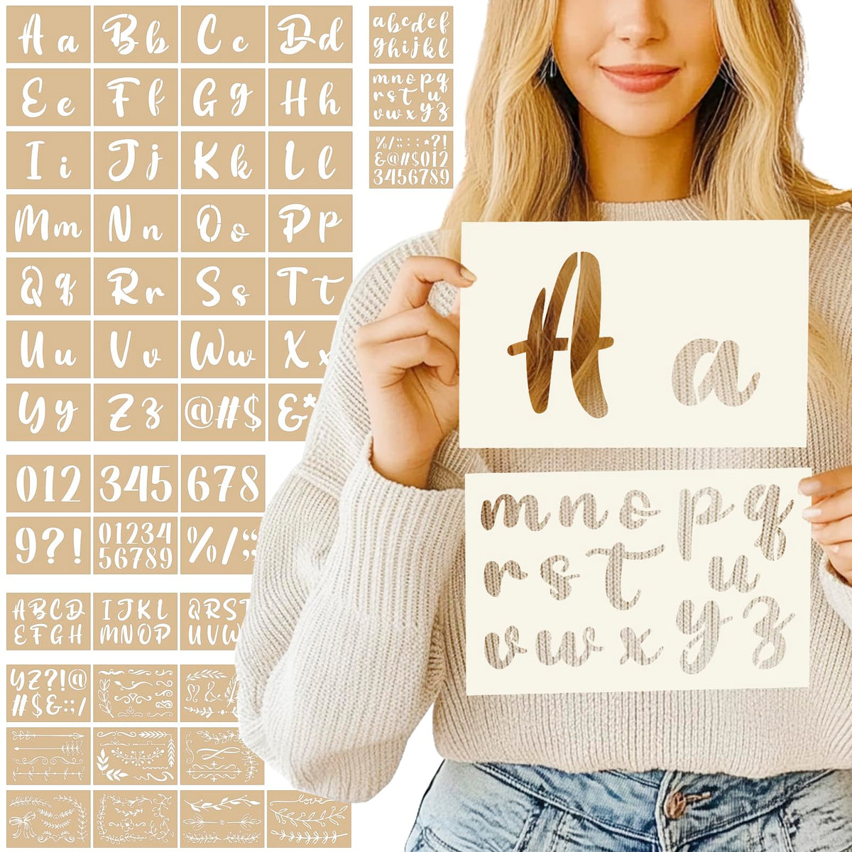 Patemby 50PCS Calligraphy Stencil Template Kit - 4 Inch and 2 Inch Letter Stencils and Numbers, Plastic Alphabet Stencils for Crafts Reusable for Arts Crafts Painting Wood