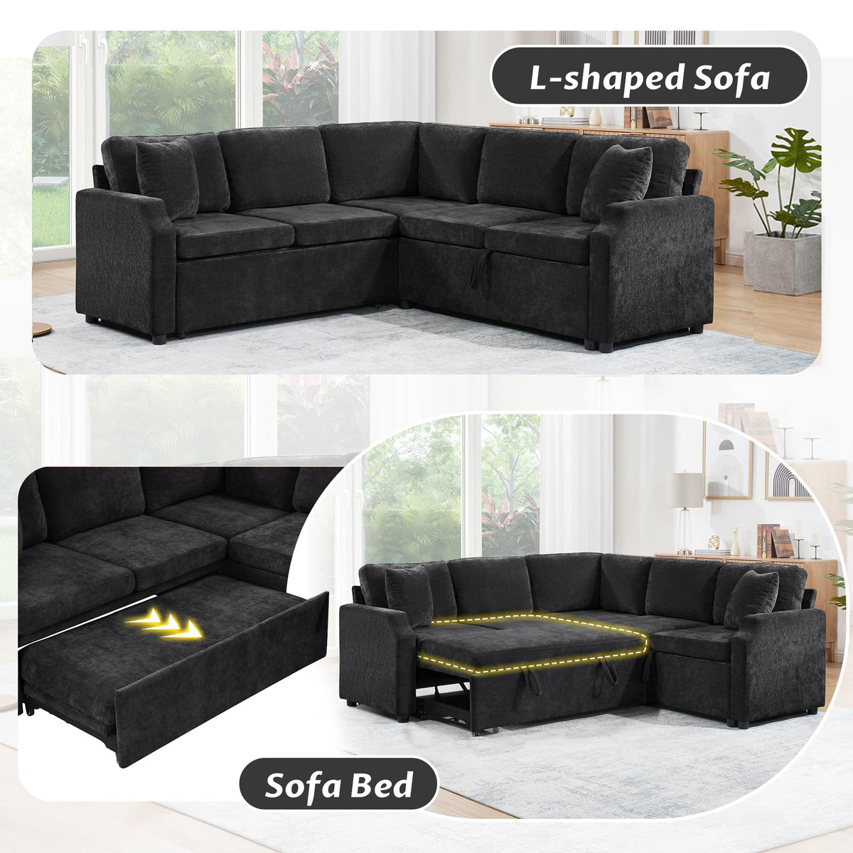 Eafurn 82 INCH Convertible Sleeper Sectional Sofa Pull Out Couch Bed for Living Room - Chenille Upholstered Symmetrical L Shaped Corner Sectional Couch W/Storage and Throw Pillows