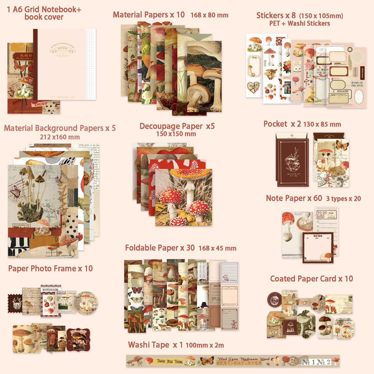 emmoolife Scrapbooking Supplies Kit, Vintage Mushroom Aesthetic Scrapbook Kit for Bullet Junk Journal, Stationery, A6 Grid Notebook, DIY Journaling Supplies, Birthday Craft Gift for Teen Girl Women