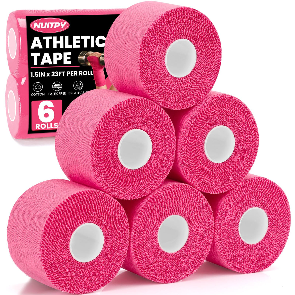 NUITPY 6 Pack Athletic Tape, Pink Sports Tape, Easy Tear Wrist Tape, Strong Adhesion Tapes for Boxing, Gymnastics, Hockey, Soccer, Lacrosse and First Aid