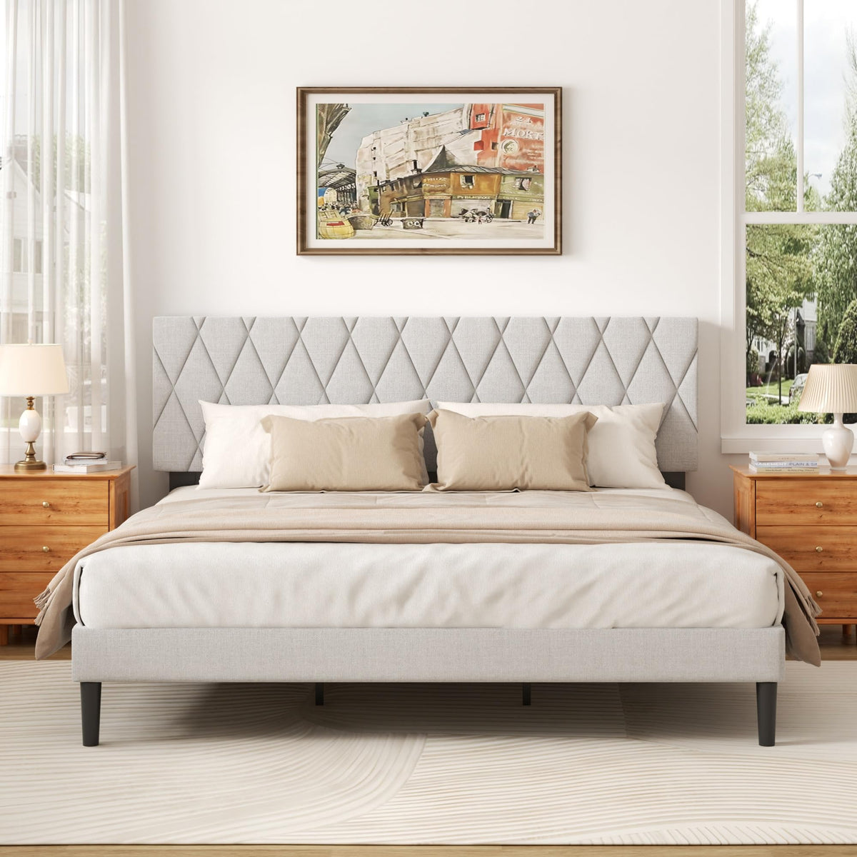 CXVX King Size Bed Frame with Diamond Tufted Headboard, Linen Upholstered Platform Bed and Wooden Slat Support, Noise-Free, No Box Spring Needed, Easy Assembly, Light Grey