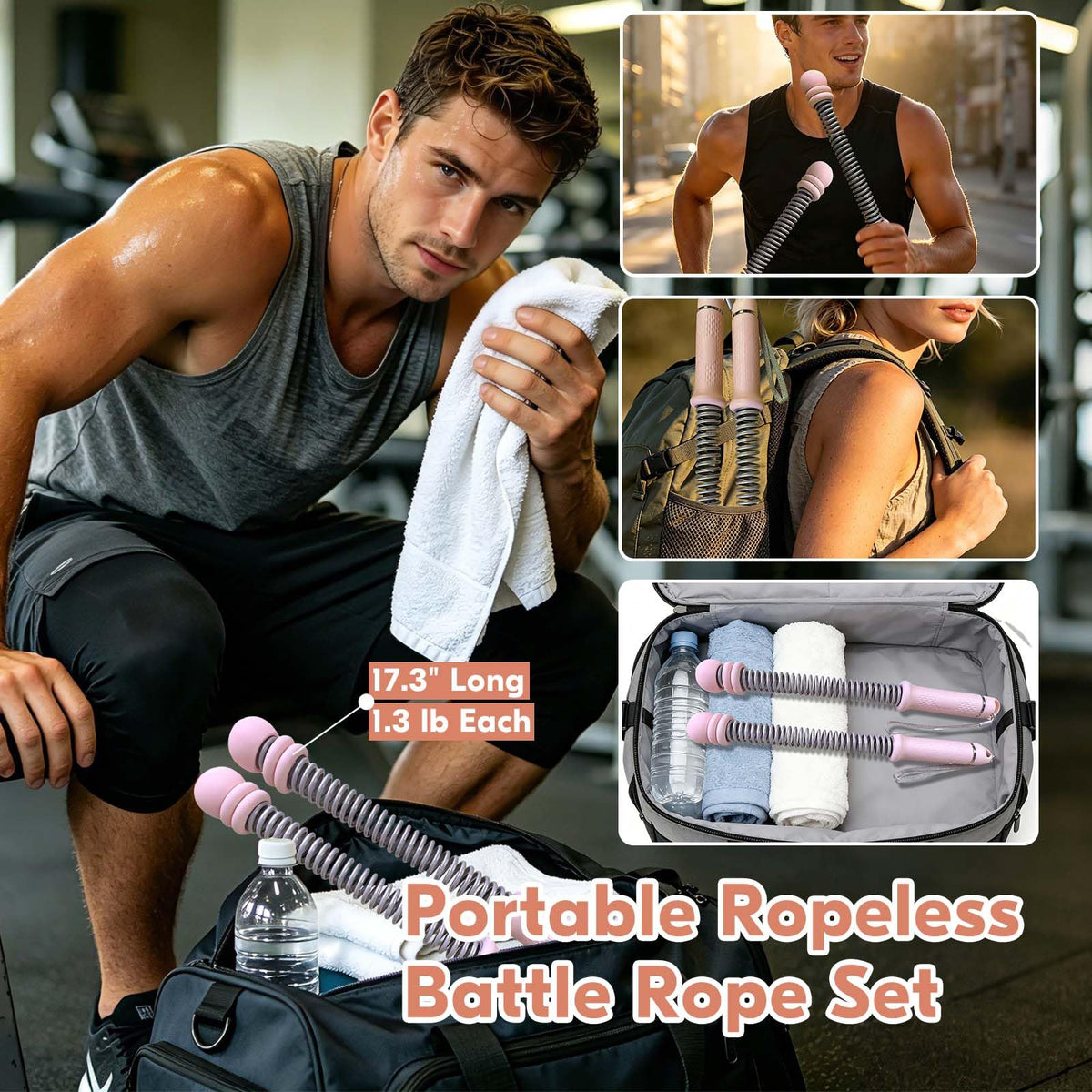 Ropeless Battle Ropes, 2 Pack Cordless Battle Ropes with Adjustable Weights, Non-Slip Comfort Handles, Portable Trainer for Home Gym, HIIT Cardio & Travel Workout