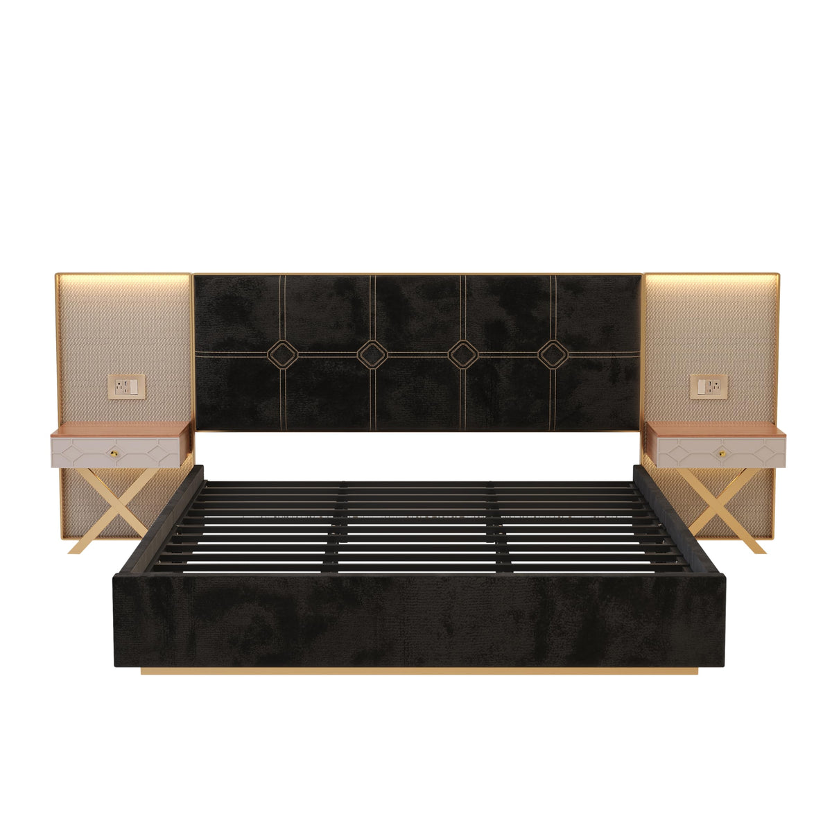 KEIKI King Bed Frame with Lights and Nightstands, Velvet Upholstered Platform Bed with Metal & Wood Frame, Built-in LED and Floating Bedside Tables, No Box Spring Needed, Black