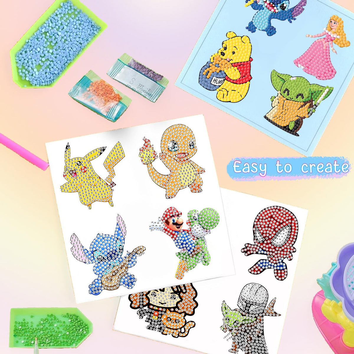 KOJEFCV 48 Pcs Cartoon Diamond Art Painting Sticker Kits for Kids-Cartoon Diamond Gem Stickers Kit,5D Gem Art Stickers Mosaic for Kids Gift for Boys Girls 4-8-10-12 Years Old