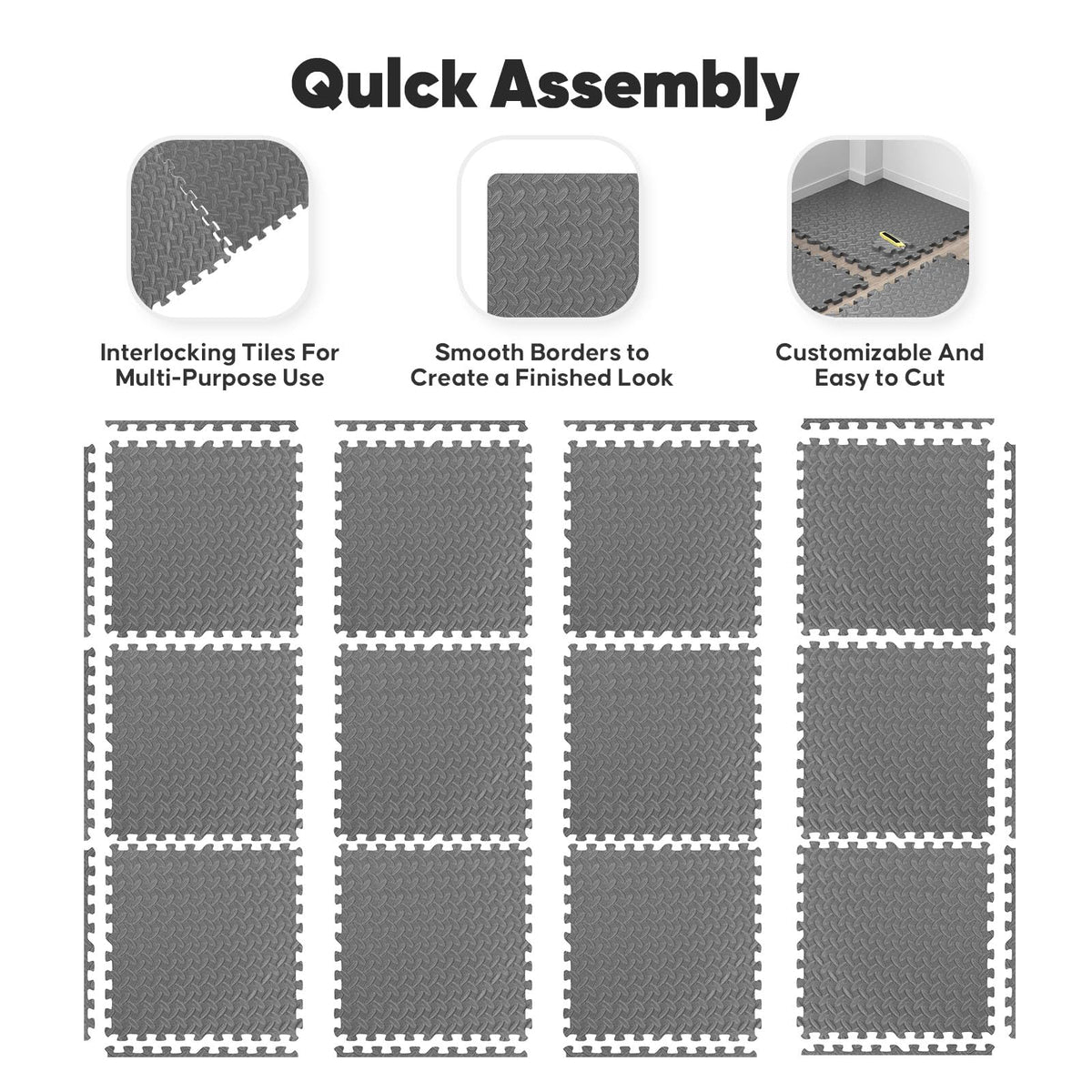 Home Gym Mat, Puzzle Exercise Mat, EVA Interlocking Foam Floor Tiles for Home Workout Equipment and Kids' Play Areas - Grey, 24 in x 24 in x ½ in - 12 Tiles (Grey, 12 Pack, 48 SQ FT)