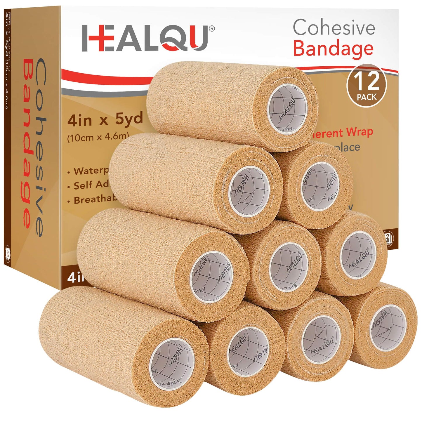 HEALQU Self Adhesive Bandage Wrap – 4" x 5 Yard, 12 Rolls Cohesive Tape for Athletic & Sports - Self Adherent Medical Tape, Flexible, Waterproof Elastic Bandages for Wrist & Ankle Vet Wrap for Dogs