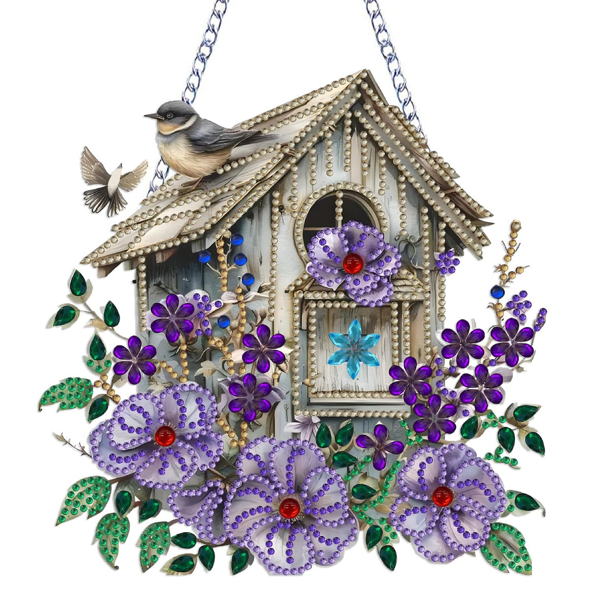 Birdhouse Diamond Art Hanging Kit for Adult Flowers Bird,Special Shaped Rhinestone,DIY Acrylic 5D Diamond Art Painting Window Pendants Home Garden Wall Hanging Kits Hanging Ornament,Double-Sided