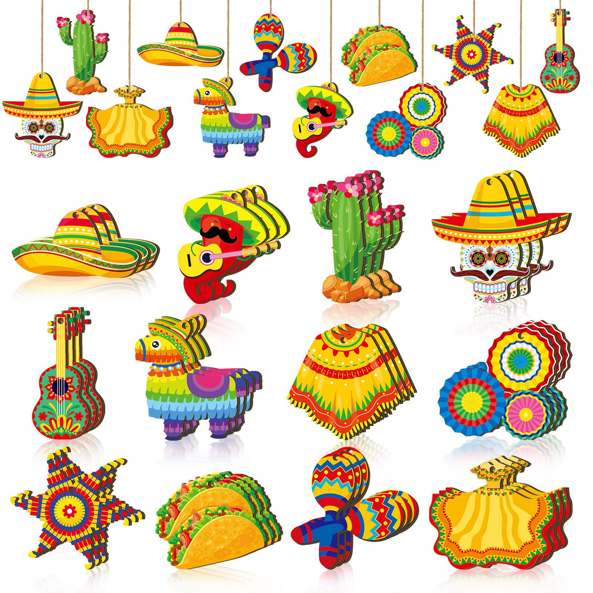 Maitys 24 Pcs Cinco De Mayo Tree Decorations Mexican Fiesta Wooden Ornaments Cinco De Mayo Tree Ornament Mexican Hanging Decoration for Holiday Party Supplies Outdoor