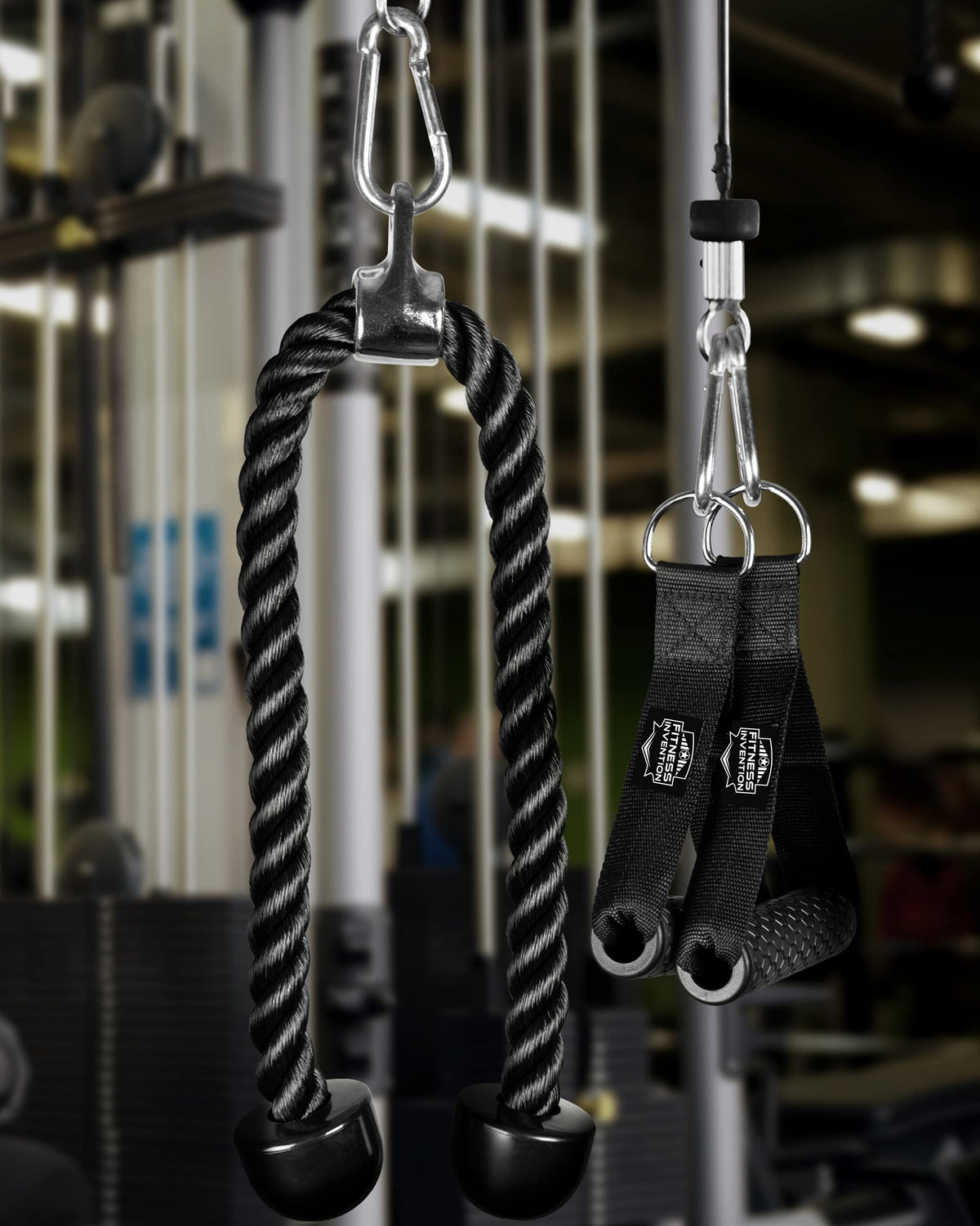 Fitness Invention Tricep Rope Cable Attachment 35" - Cable Machine Handles 2X - Carabiner Clips 3X - Tricep Pull Down Rope for Gym
