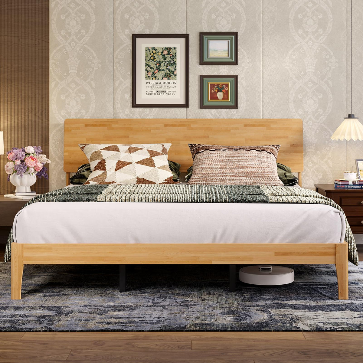 Novilla King Size Bed Frame with 3-Level Adjustable Storage Headboard, Solid Wood Platform Bed Frame with Slats, No Box Spring Needed, Noise Free, Natural Finish for Master Bedroom and Guest Room