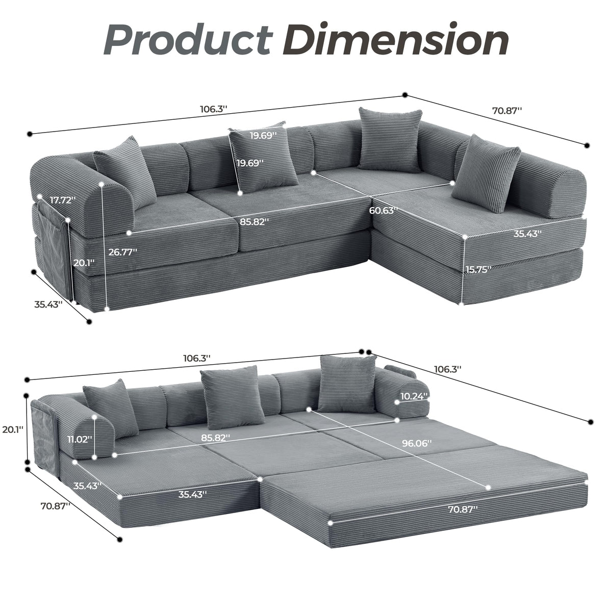 Trygoal 106.3" Oversized Convertible Sleeper Sofa Bed, L Shape Modular Sectional Cloud Sofa with Fixed-Shape Frame, Boneless Couch with Storage Pocket for Living Room, No Assembly Required, Gray