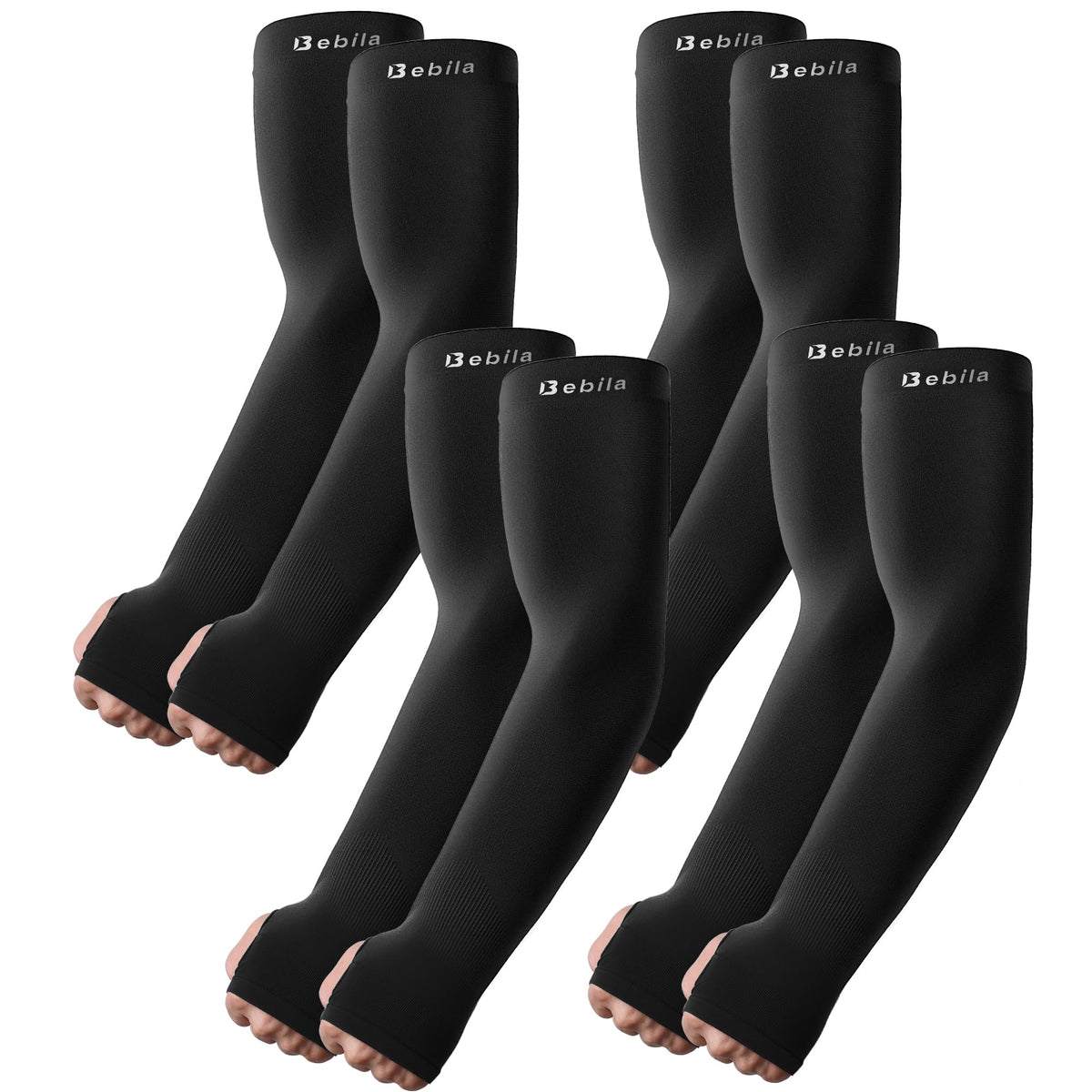 Bebila Arm Sleeves with Thumb Hole, Cooling UV Protection, Compression, Tattoo Cover Up for Men and Women (Black, Medium)