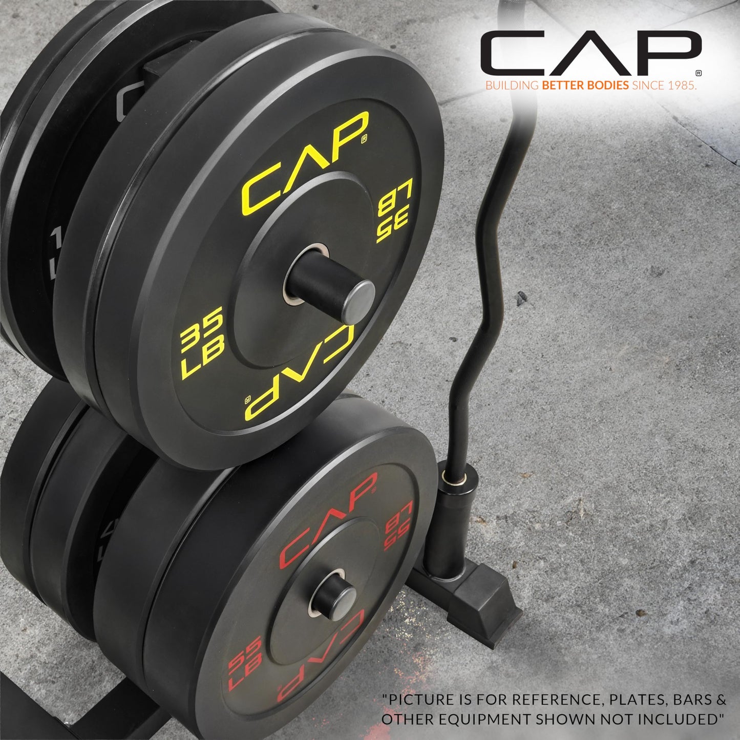 CAP Barbell Olympic Bumper Plate Tree Rack with 4 Weight Plate Posts and 2 Barbell Storage Holders – Heavy-Duty Steel Gym Organizer for Olympic Plates and Bars - Gray