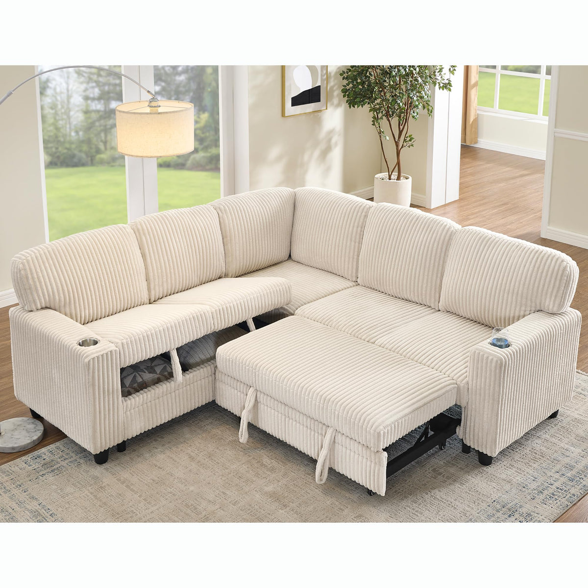 ERYE L-Shaped Symmetrical Sleeper Sectional Sofa W/Pull Out Sleeper Couch Bed and Storage Seat for Living Room, Corduroy Tufted Corner Convertible Sofa Bed with USB-C Ports