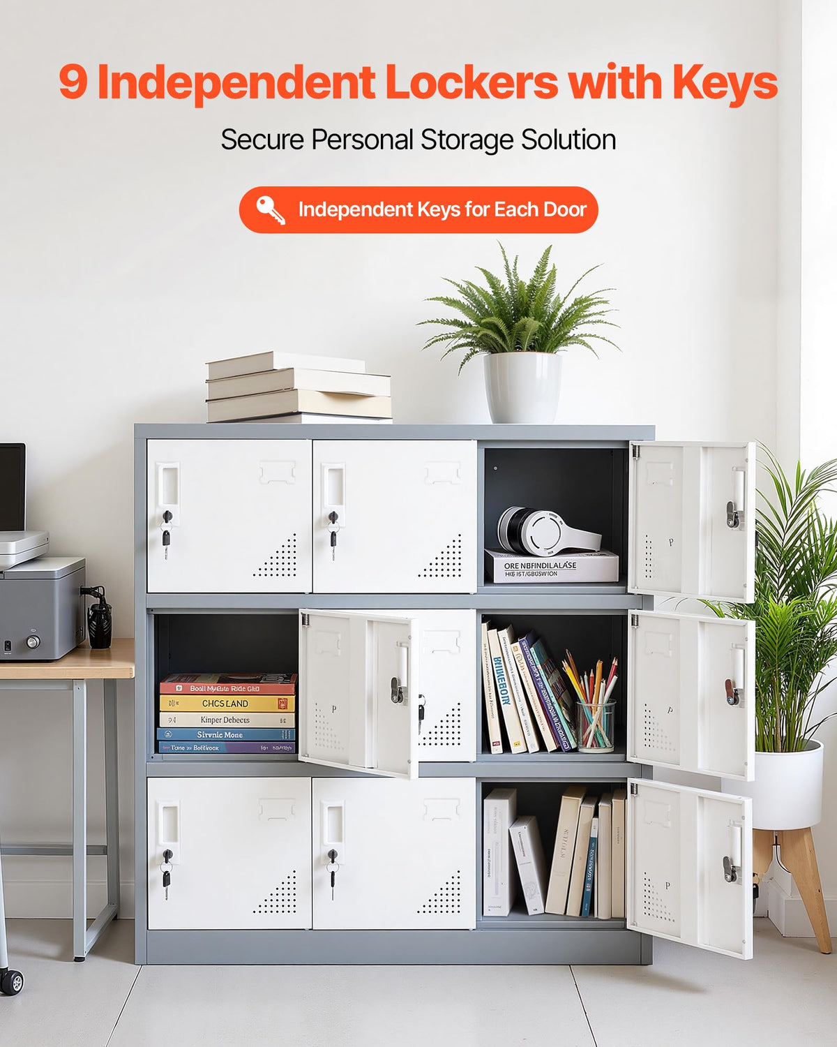 VEVOR 9 Doors Metal Locker for Employees, Steel Locking Storage Cabinet with Card Slot and Ventilation, 2 Keys for Each Door, Employee Lockers for Office, School, Gym, Home, Easy Assembly, Gray