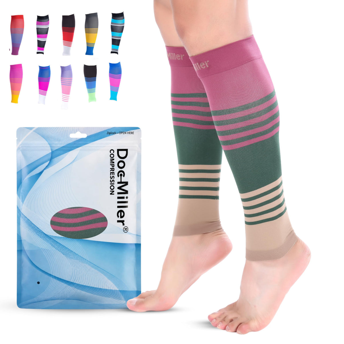 Doc Miller Calf Compression Sleeve for Men & Women – 20–30 mmHg Graduated Compression, Footless Compression Socks Alternative for Running, Shin Splints, Swelling, Varicose Veins –Calf Support, 1 Pair