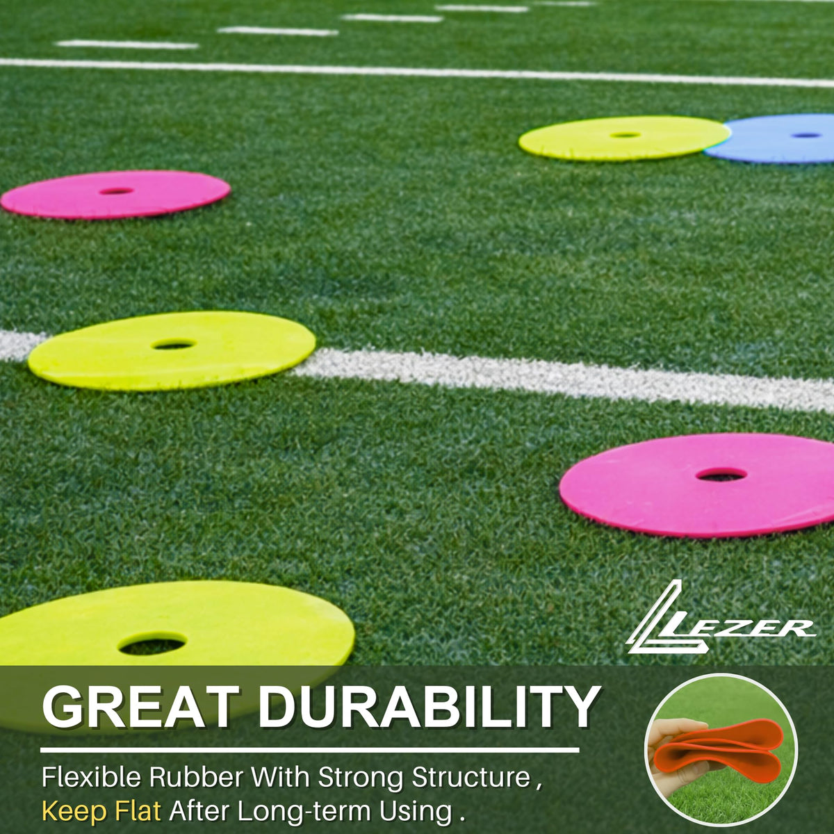 LEZER 9 Inch Flat Cones, Spot Markers, Soccer Cones, Field Court Markers, Sit Spots, Flat Discs, Soccer Training Equipment, Agility Practice, Football, Made in Taiwan, Set of 6