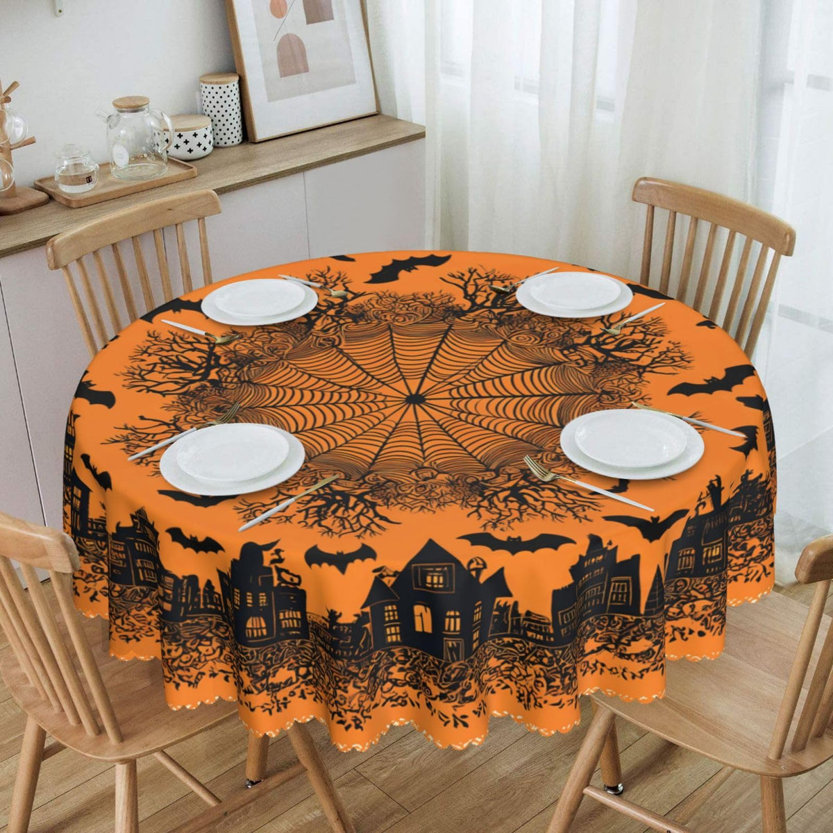Ecixzyo Halloween Round Tablecloth 60 Inch Polyester Washable Table Cover Home Decor for Kitchen Dining Party Picnic