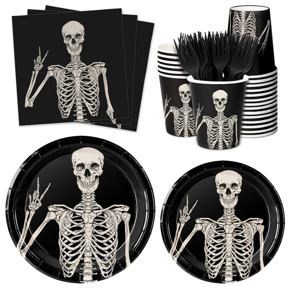 JarThenaAMCS Halloween Tableware Set Smiling Skeleton Disposable Party Supplies Black 9 &7 Inch Paper Plates 6.5 Inch Napkins Cups and Cutlery for 25 Guests