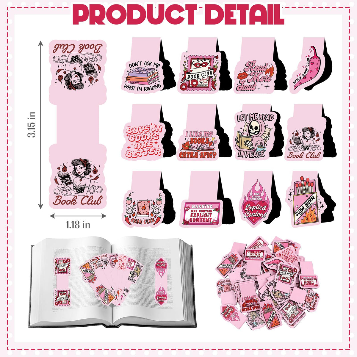 Clabby 48 Pcs Funny Pink Bookmarks Spicy Magnetic Bookmarks Bulk Romance Smutty Annotation Supplies for Teacher Appreciation Graduation Book Lovers Students Reader Gifts Office House Supplies 12 Style