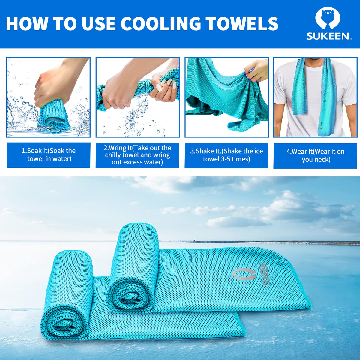 Sukeen Cooling Towels(40"x12") for Neck & Head, Soft Breathable Chilly Towel for Yoga, Golf, Gym, Camping, Running, Workout & More Activities