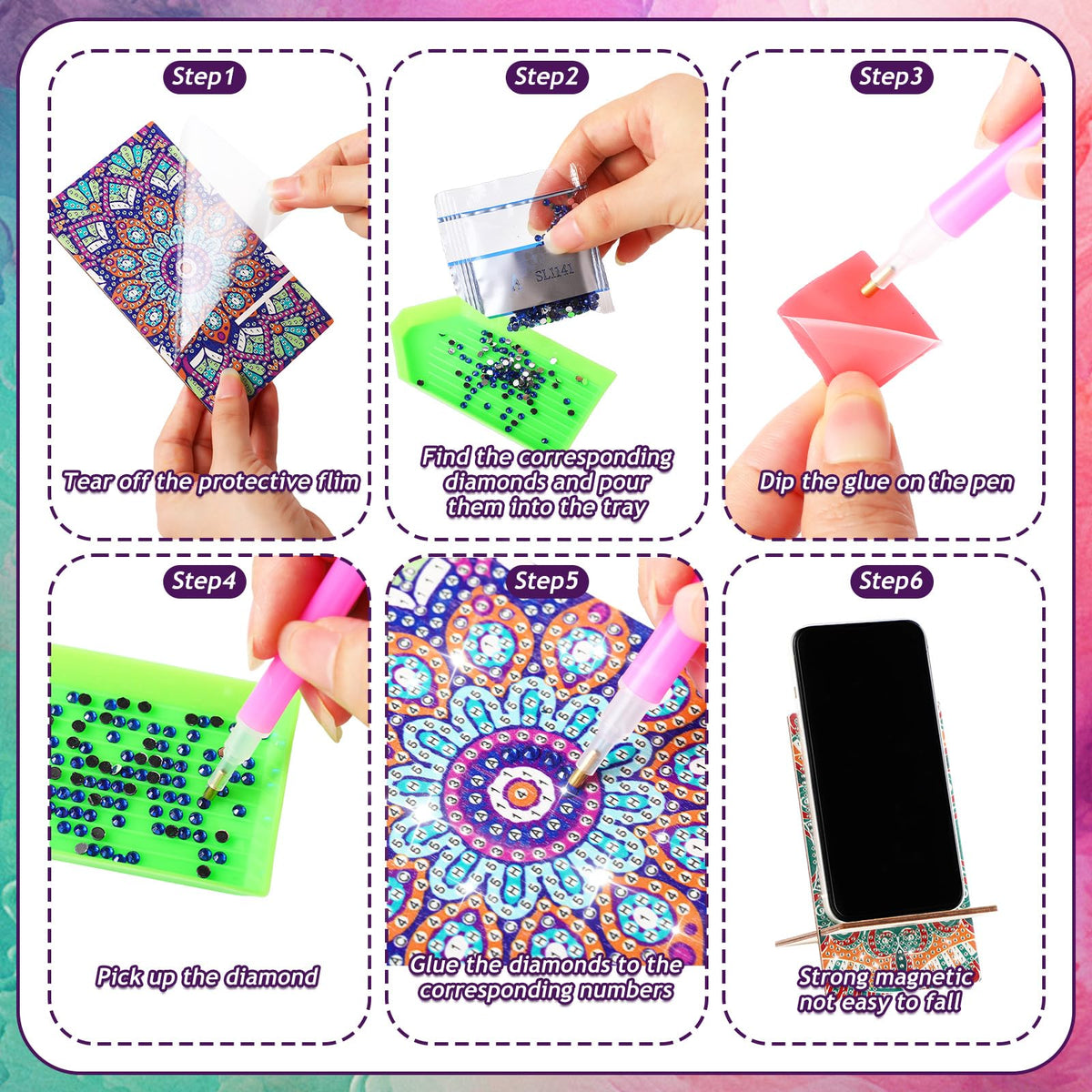 Saillong 4 Pcs Large Mandala Diamond Painting Cell Phone Stand 5.5 Inch DIY Full Drill Crystal Diamond Art Phone Holder Bling Painting Art Craft Kits for Beginner Adult
