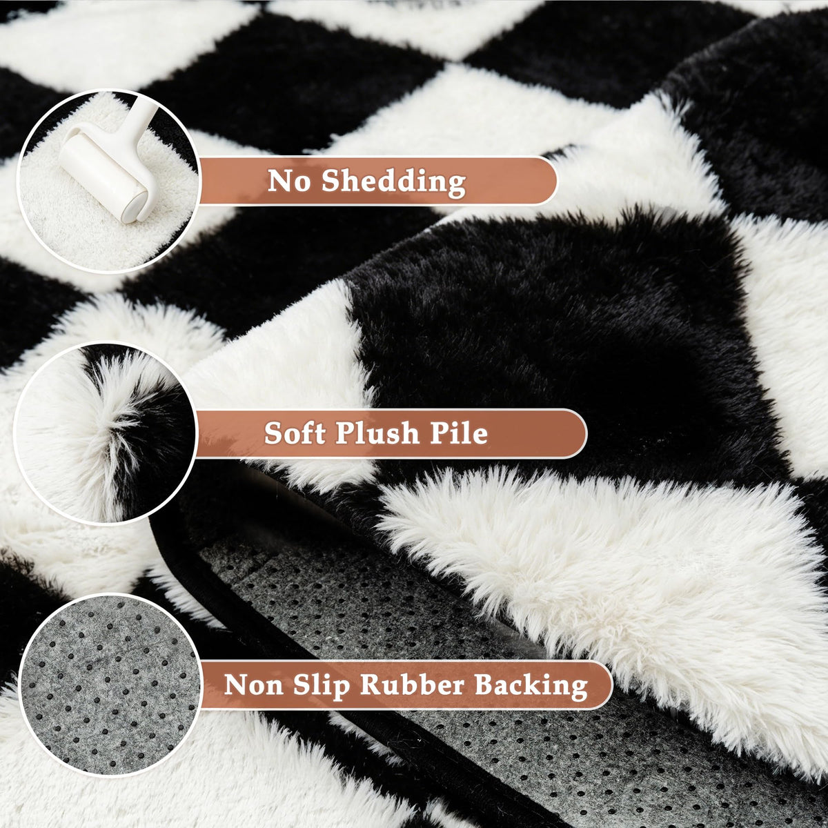 PureCozy Checkered Rug 6x9 Fluffy Shag Living Room Black and White Area Rug Modern Washable Carpet Soft Shaggy Non Slip Indoor Plush Fuzzy Rugs for Bedroom Dorm Office Home Aesthetic Decor