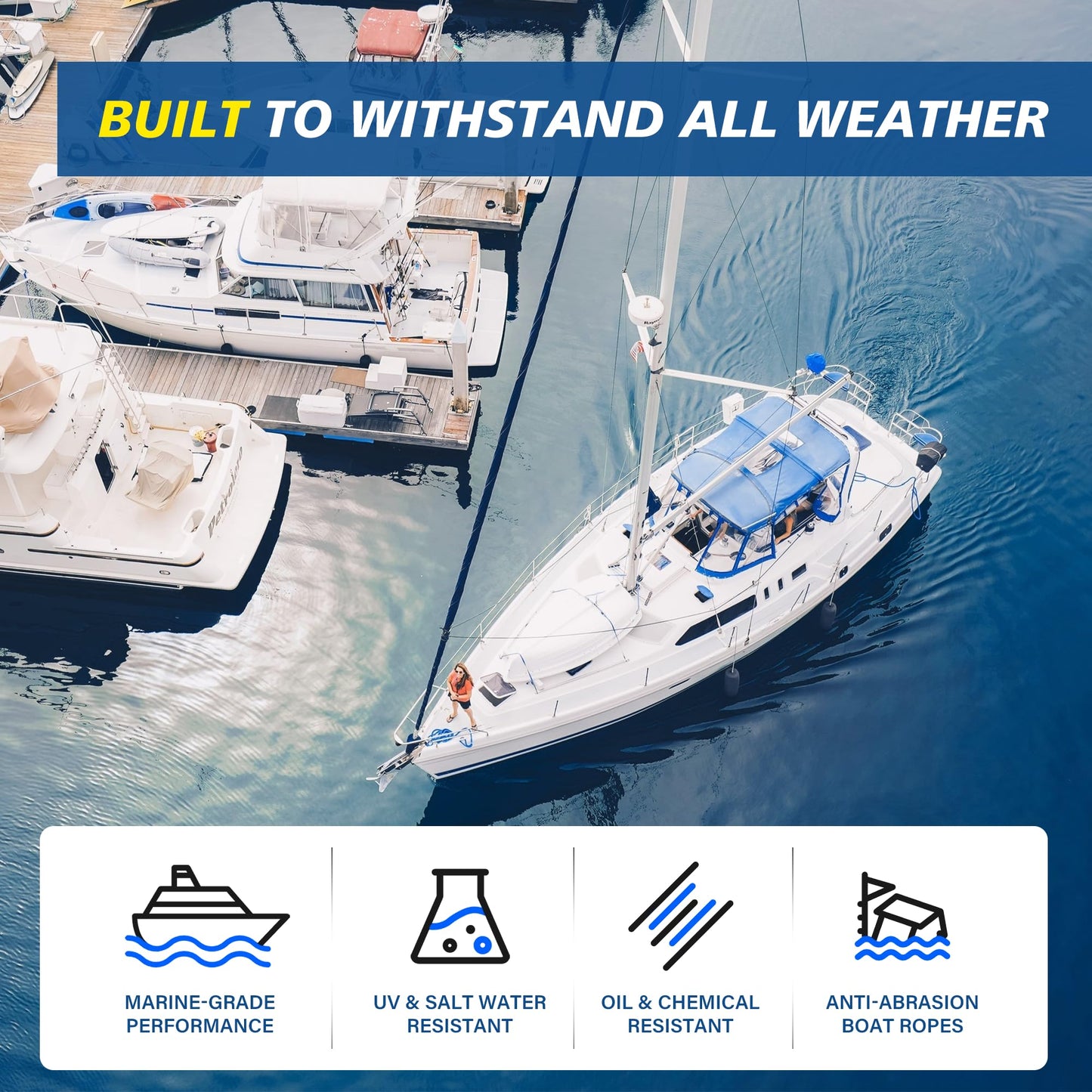 HOPESEILY 3/8 x 100FT Boat Anchor Rope, Premium Solid Braid MFP Marine Line with Stainless Steel Thimble & Shackle for Boats Jet Ski Yacht Dock, Heavy Duty (White)