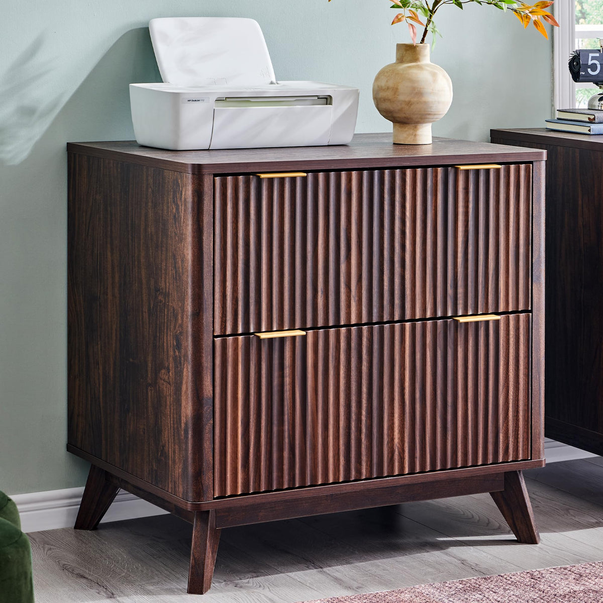 T4TREAM 2 Drawer File Cabinet, 32" Fluted Lateral File Cabinet w/Files Hanging Rod for Letter/Legal/A4, Large Tabletop for Printer, Office Wood Printer Cabinets, Dark Walnut (Gen 2)