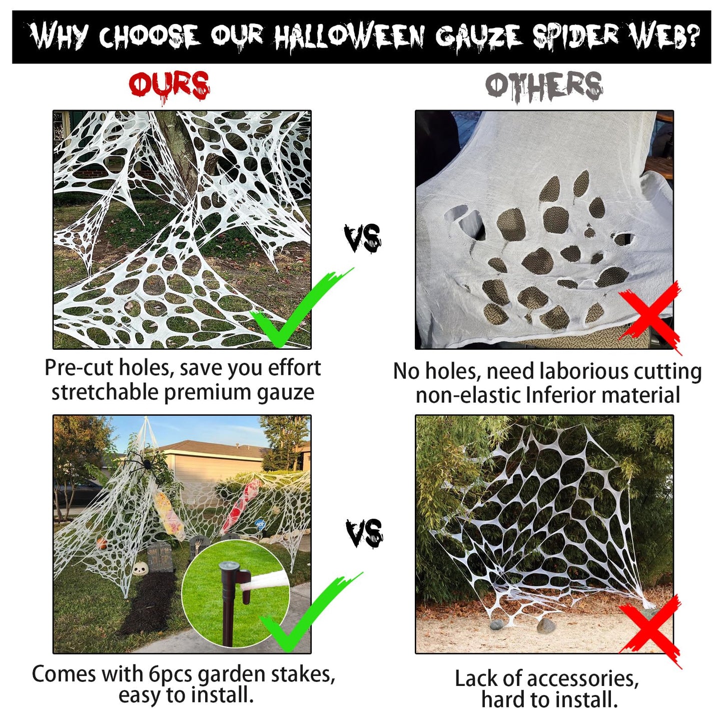 CESOF Giant Spider Web Halloween Decorations Outdoor, Pre-Cut Beef Netting Spiderwebs Super Stretchy DIY Spider Webbing with Stakes, Gauze Cobwebs for Haunted House Yard Garden Home Indoor Party Decor